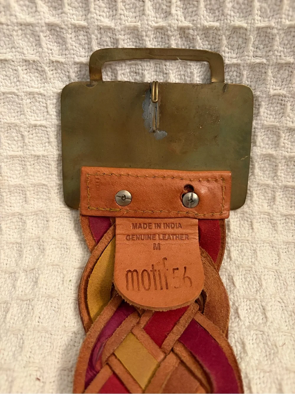 Motif 56 Wide Woven Leather Belt with Wide Stone Chip Buckle Size Medium